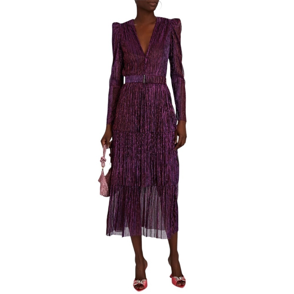 Sabina Musayev Dress Carrie Tiered Metallic Belted Knit Midi Retro 80s 90s XS